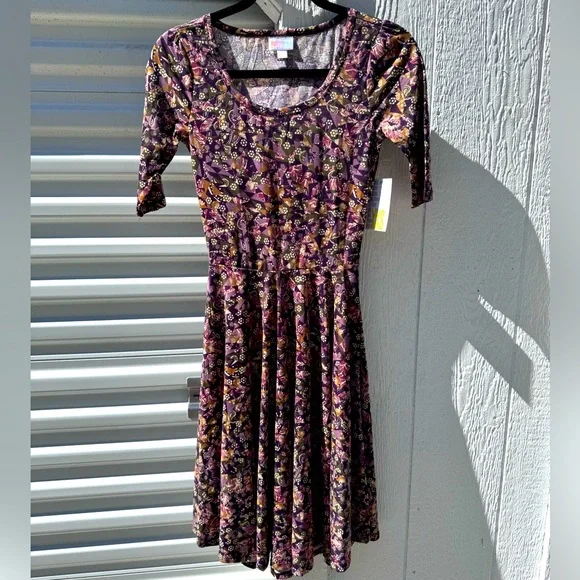 Brand New LuLaRoe Size XXS Plum, Olive, Golden Print Nicole Dress - Picture 1 of 8